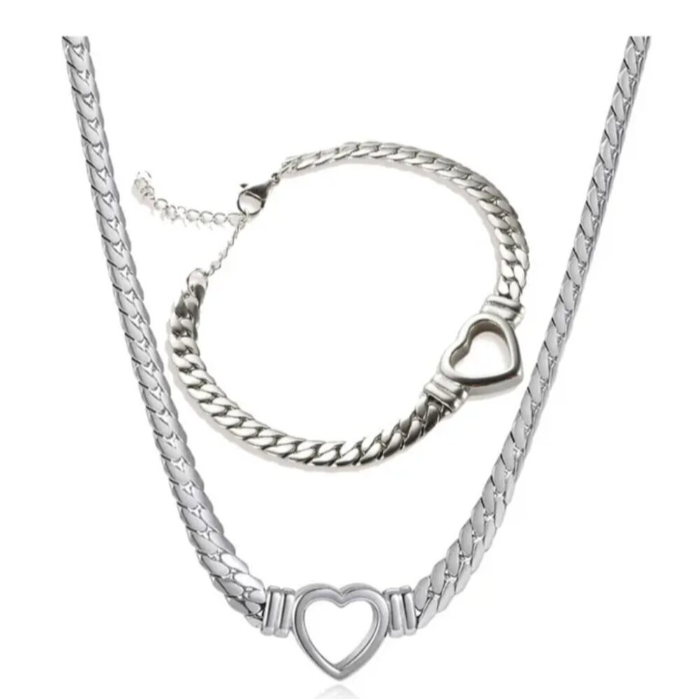 Heart-Shaped Stainless Steel Cuban Chain Necklace Bracelet Jewelry Set